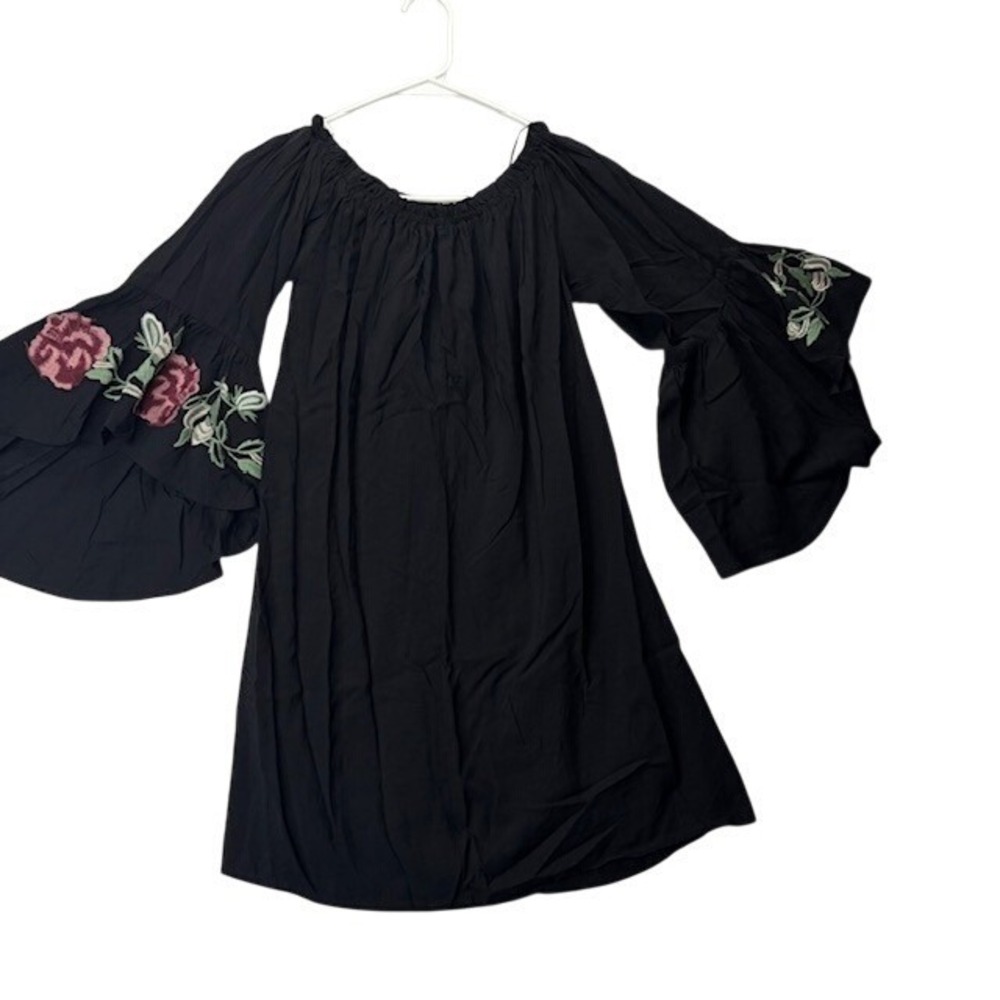Blue Rain Women's Black Boho Peasant Dress XS Off Shoulder Bell Sleeve Embroided